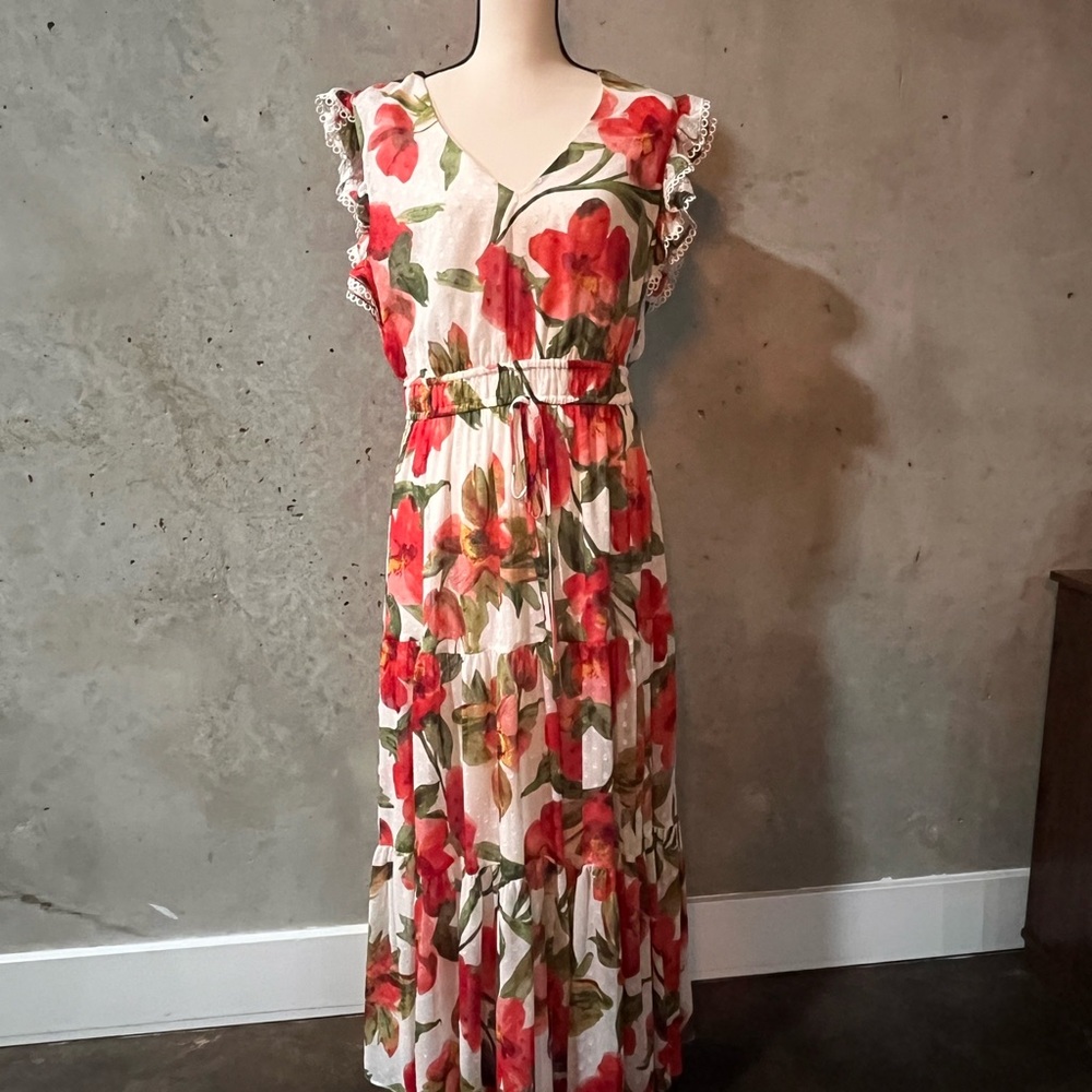 Anne Klein Floral V-Neck Maxi Dress with Lace Trim - Red Floral